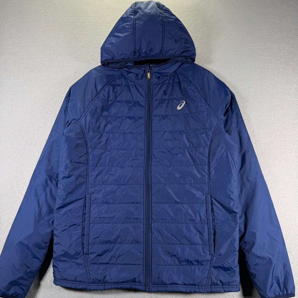 Asics‎ Mens Blue Puffer Hooded Jacket Lightweight Full Zip Athletic Sportswear
